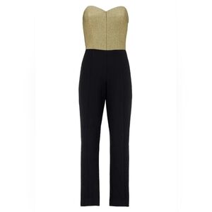 Trina Turk Charlie Jumpsuit Womens 4 Metallic Green Gold Black Sweatheart Neck